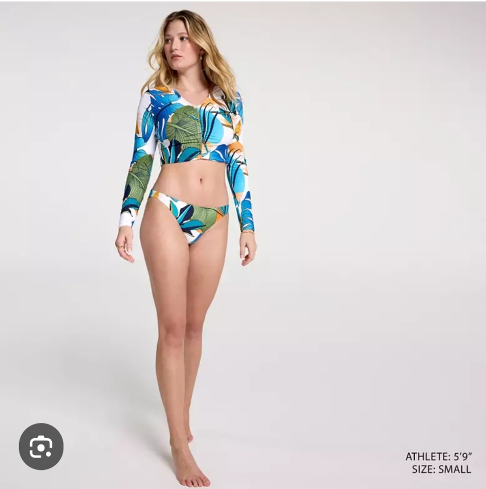 CALIA Long Sleeve Ruched Swim Rashguard & Adjustable Tie Front Swim Bottoms